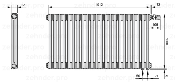 Схема (чертеж) Радиатор Zehnder Charleston 2100/22 №V002 Белый глянцевый RAL 9016